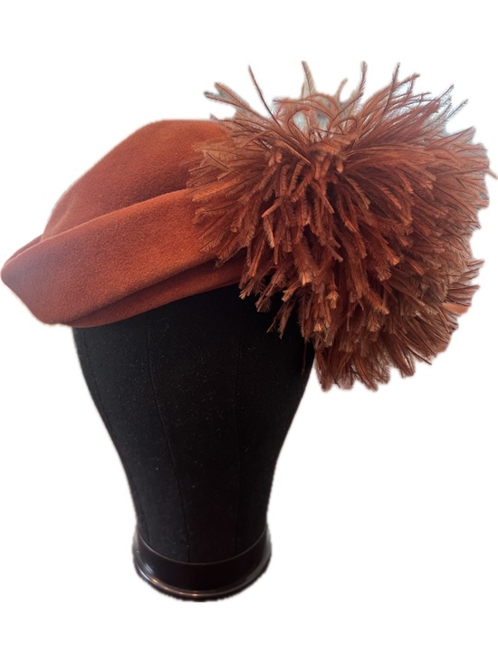 Vintage 1940s Rust Orange Velour Cocktail Hat with Feather Pom-Pom Flo-Gene NY main image 8